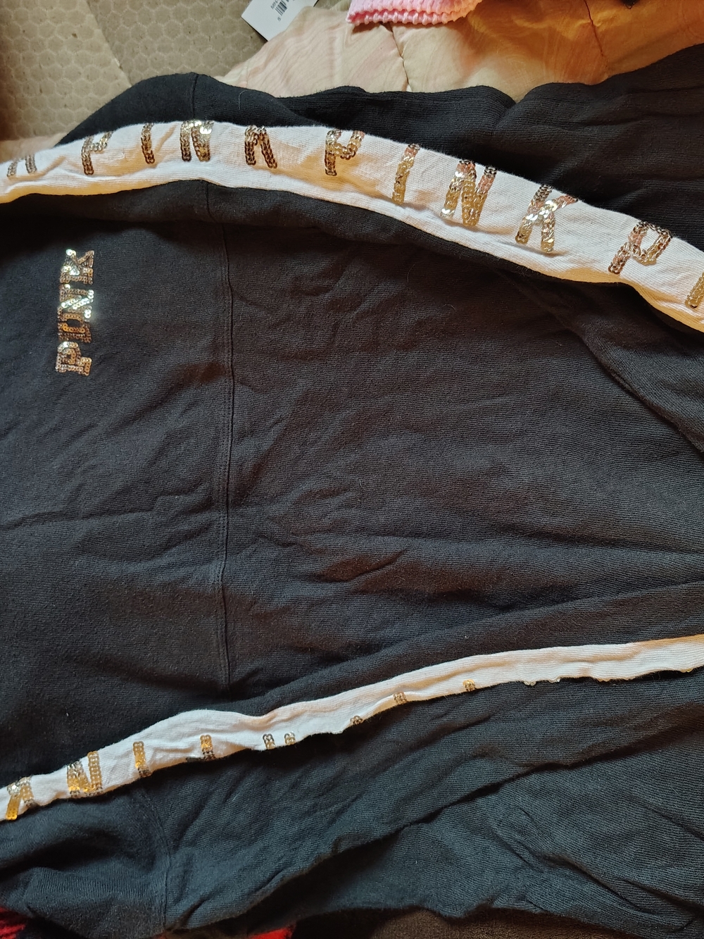 Pink Victoria Secret Black Sequin Logo with White Trim Long sleeve Shirt